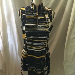 Carlisle, Navy/white, yellow pattern zipper dress, sleeveless, size 8